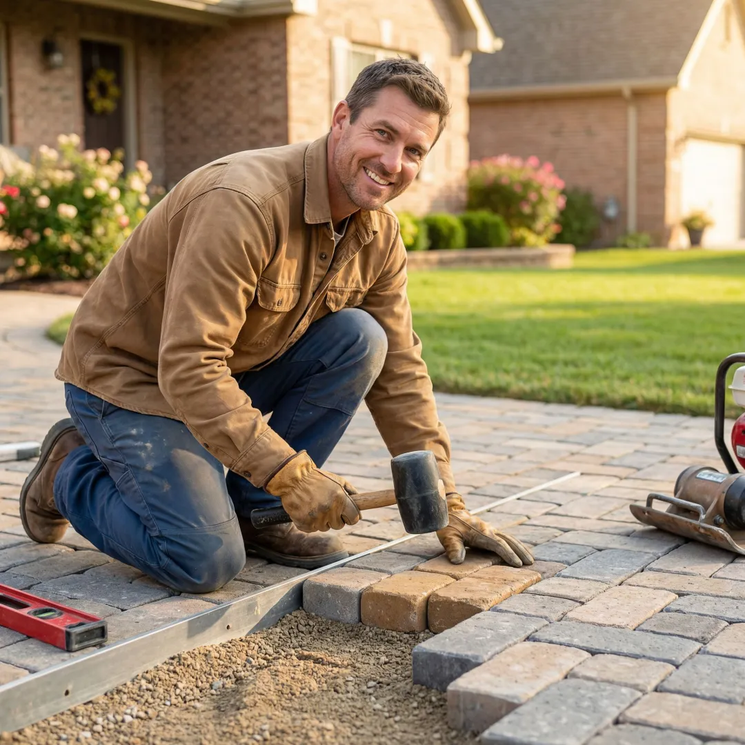 Professional hardscape contractor installing cobblestone pavers with proper base preparation