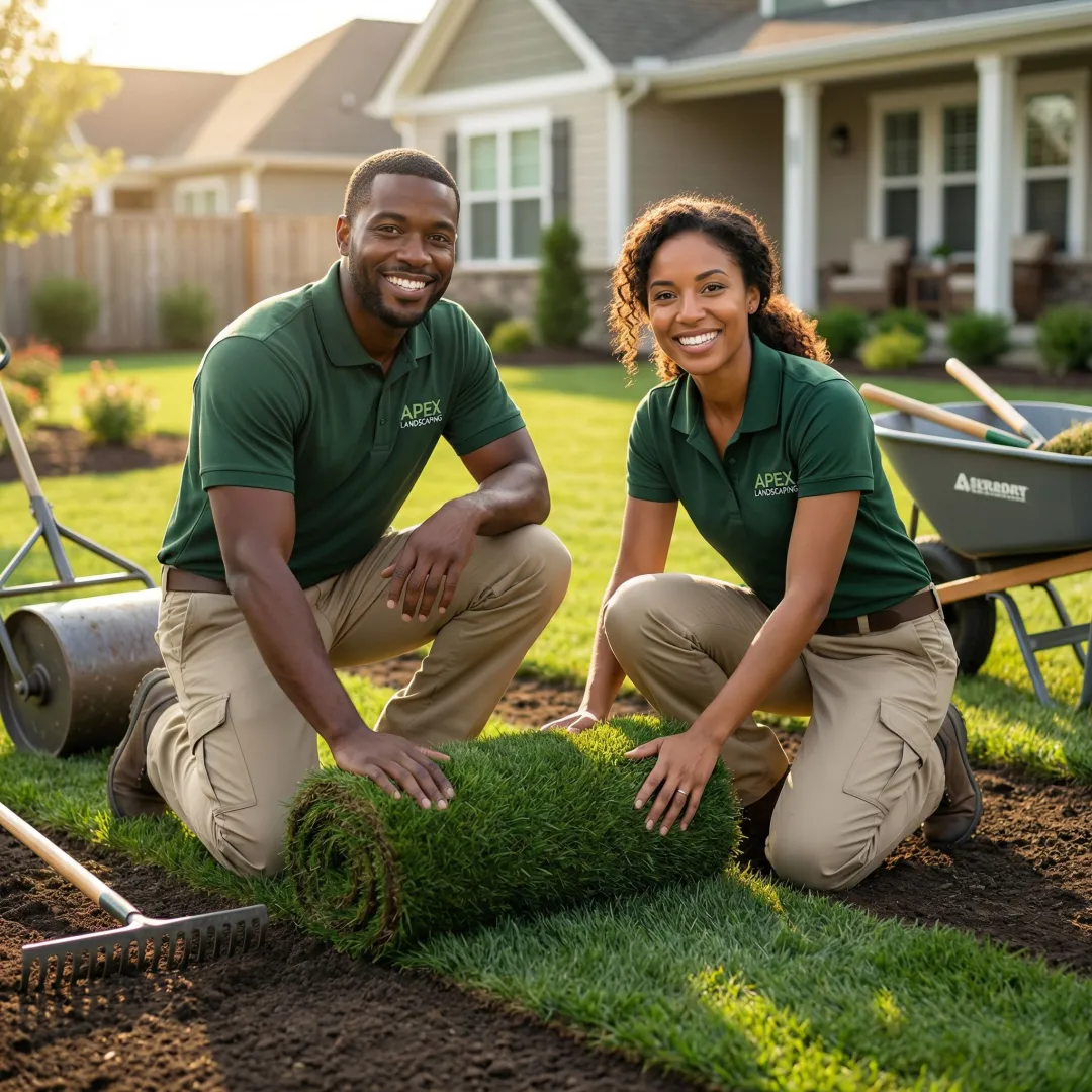 Professional landscaping crew installing fresh sod rolls on prepared lawn area