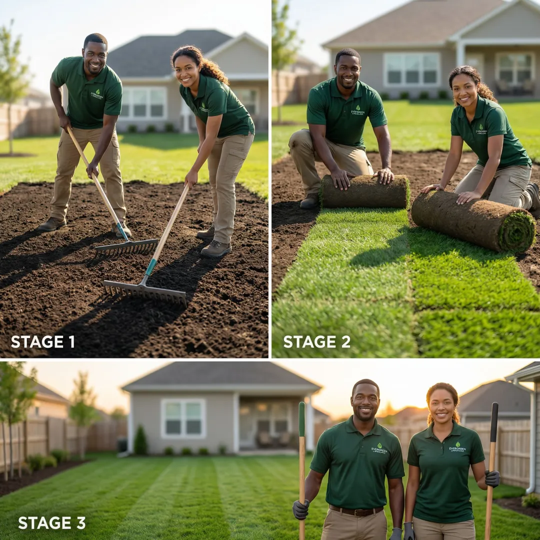 Step-by-step sod installation process showing soil preparation and fresh sod laying