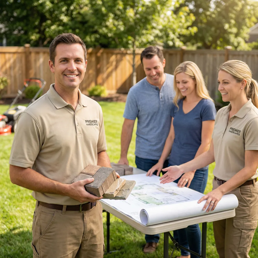 Hardscape contractor reviewing design plans with homeowner at project site