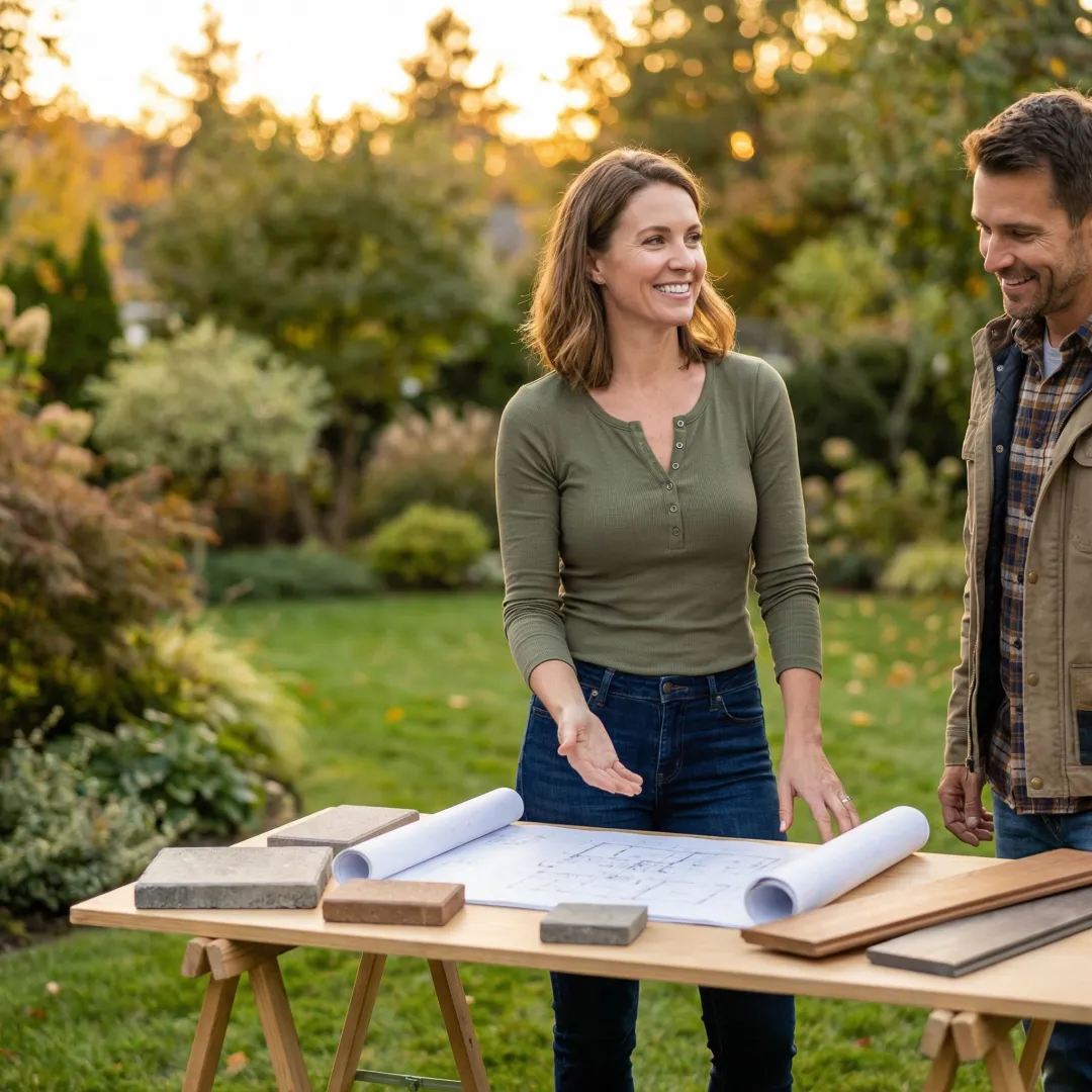 Landscape designer consulting with homeowner reviewing custom outdoor space plans