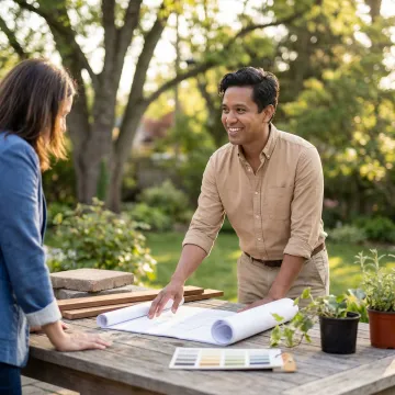 Landscape designer reviewing custom garden renovation plans with Somerset homeowner