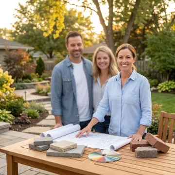Landscape designer consulting with homeowner reviewing custom outdoor design plans