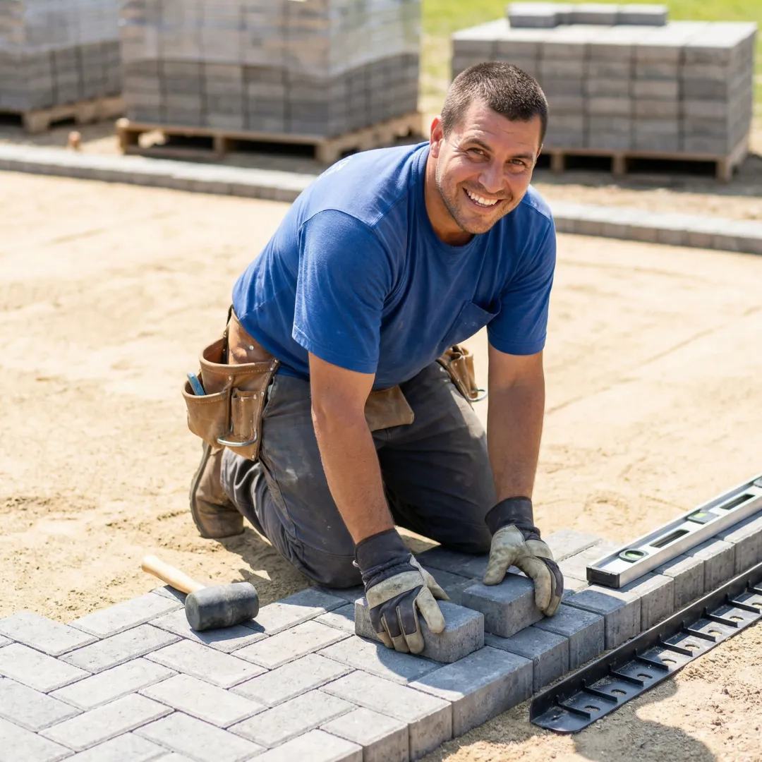 Professional contractor installing stone pavers for backyard patio