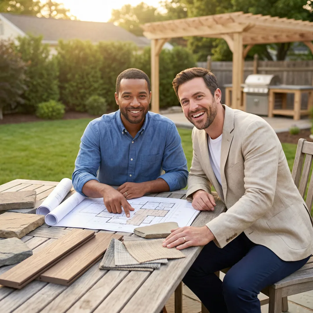 Professional contractor reviewing outdoor living space design plans with homeowner