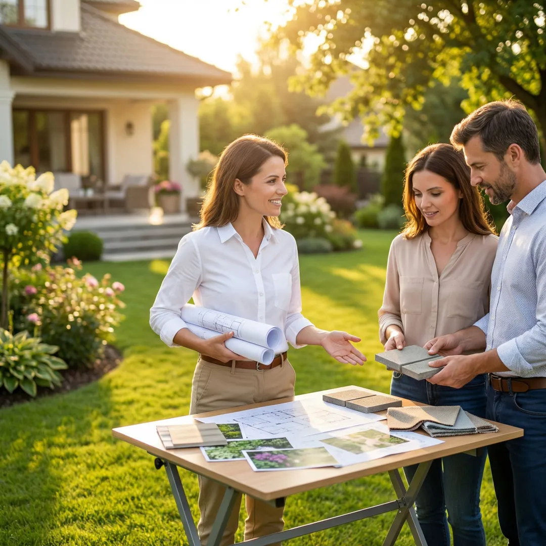 Landscape construction professional presenting design plans to homeowners at outdoor consultation