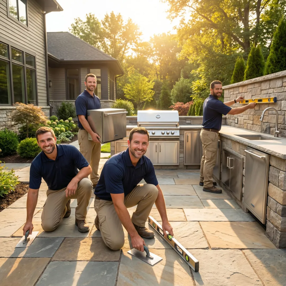 Construction crew installing outdoor kitchen hardscape foundation and structural elements