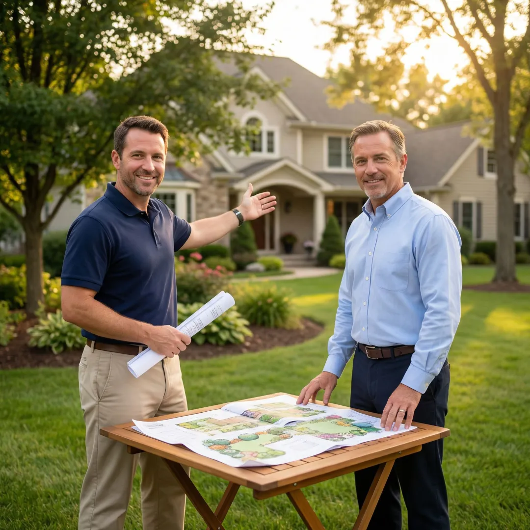 Landscape designer consulting with homeowner on custom outdoor design plans