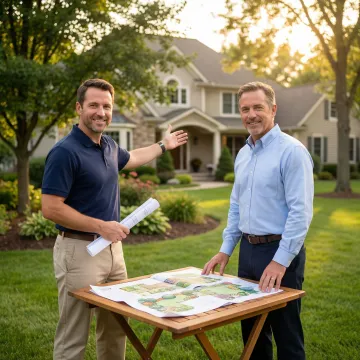 Landscape designer consulting with homeowner on custom outdoor design plans