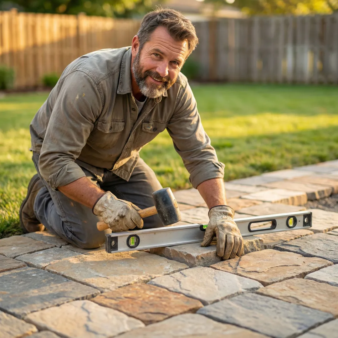 Professional stone installation process showing expert craftsmanship