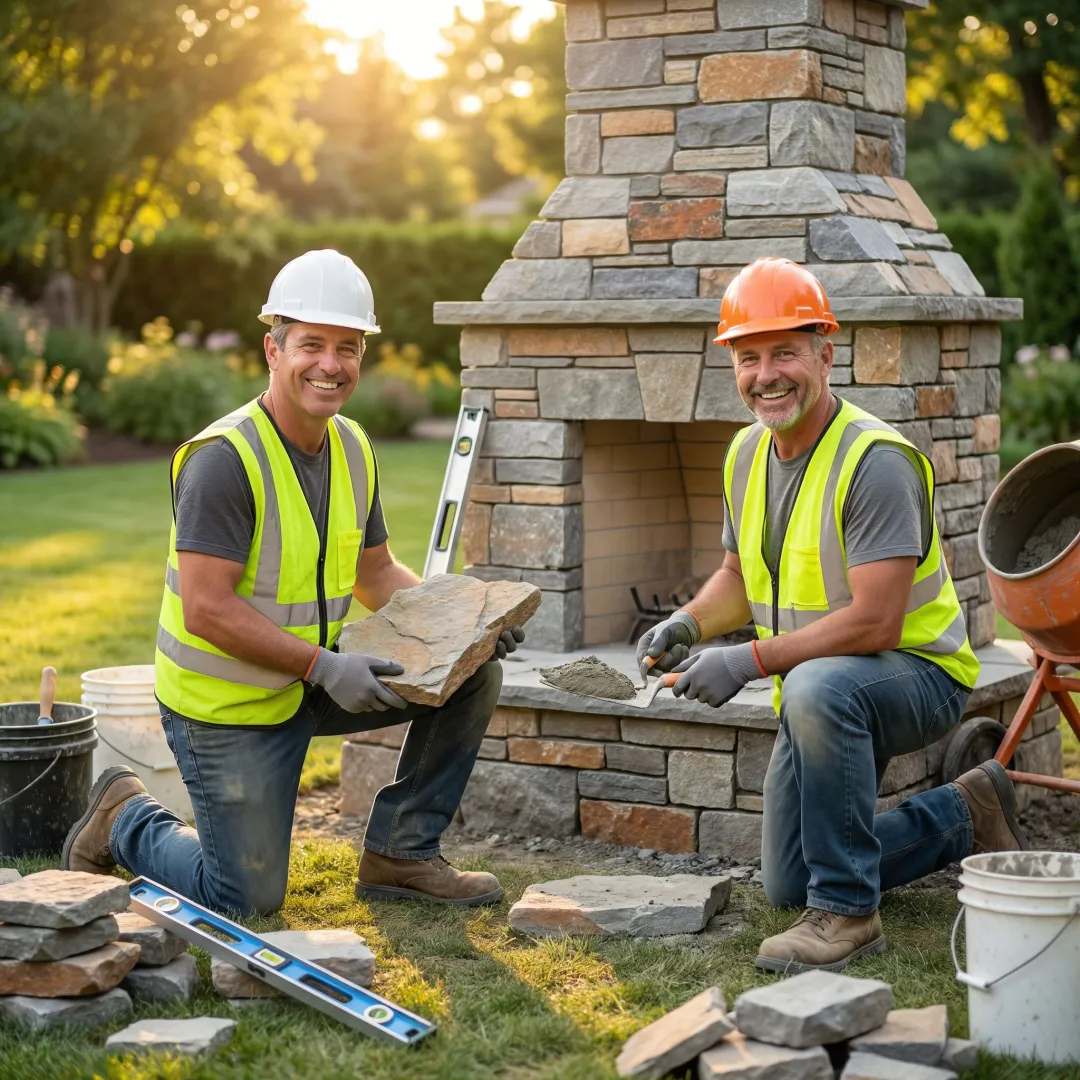 Construction crew building outdoor stone fireplace foundation