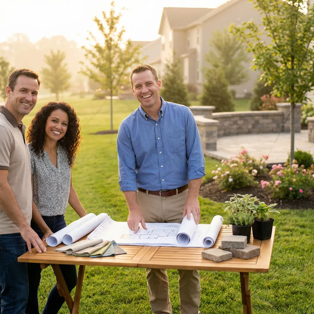 Landscape designer consulting with homeowners reviewing custom outdoor space plans