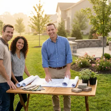Landscape designer consulting with homeowners reviewing custom outdoor space plans