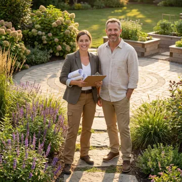 Professional garden designer consulting with homeowner over landscape blueprint in beautifully designed outdoor space