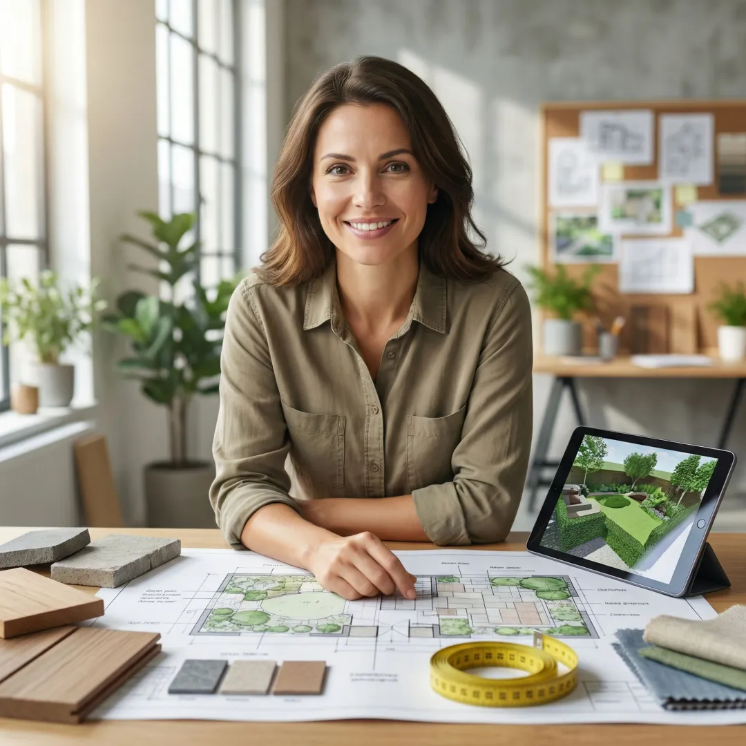 Garden designer reviewing landscape plans with measuring tools and plant samples in outdoor setting