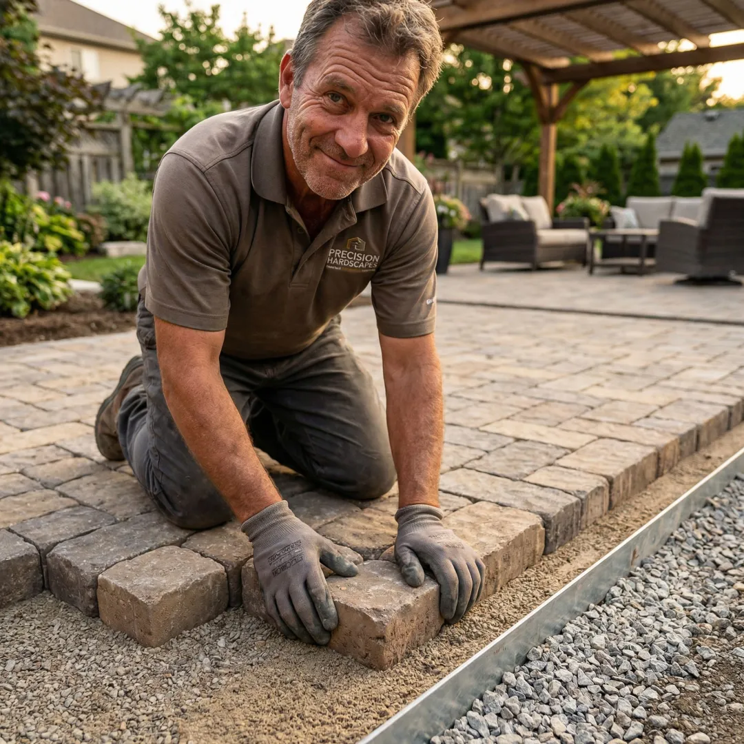 Cobblestone hardscape project showing detailed paver installation process