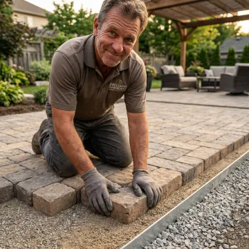 Cobblestone hardscape project showing detailed paver installation process