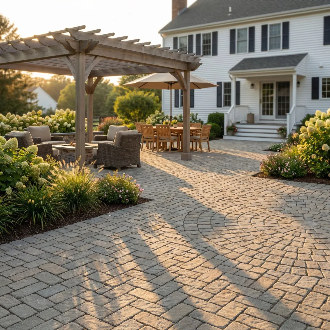Beautiful cobblestone paver patio and hardscape installation in Northampton