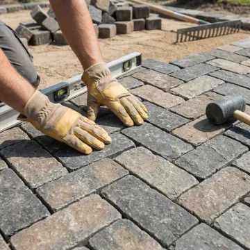 Close-up of premium cobblestone paver installation showing expert craftsmanship