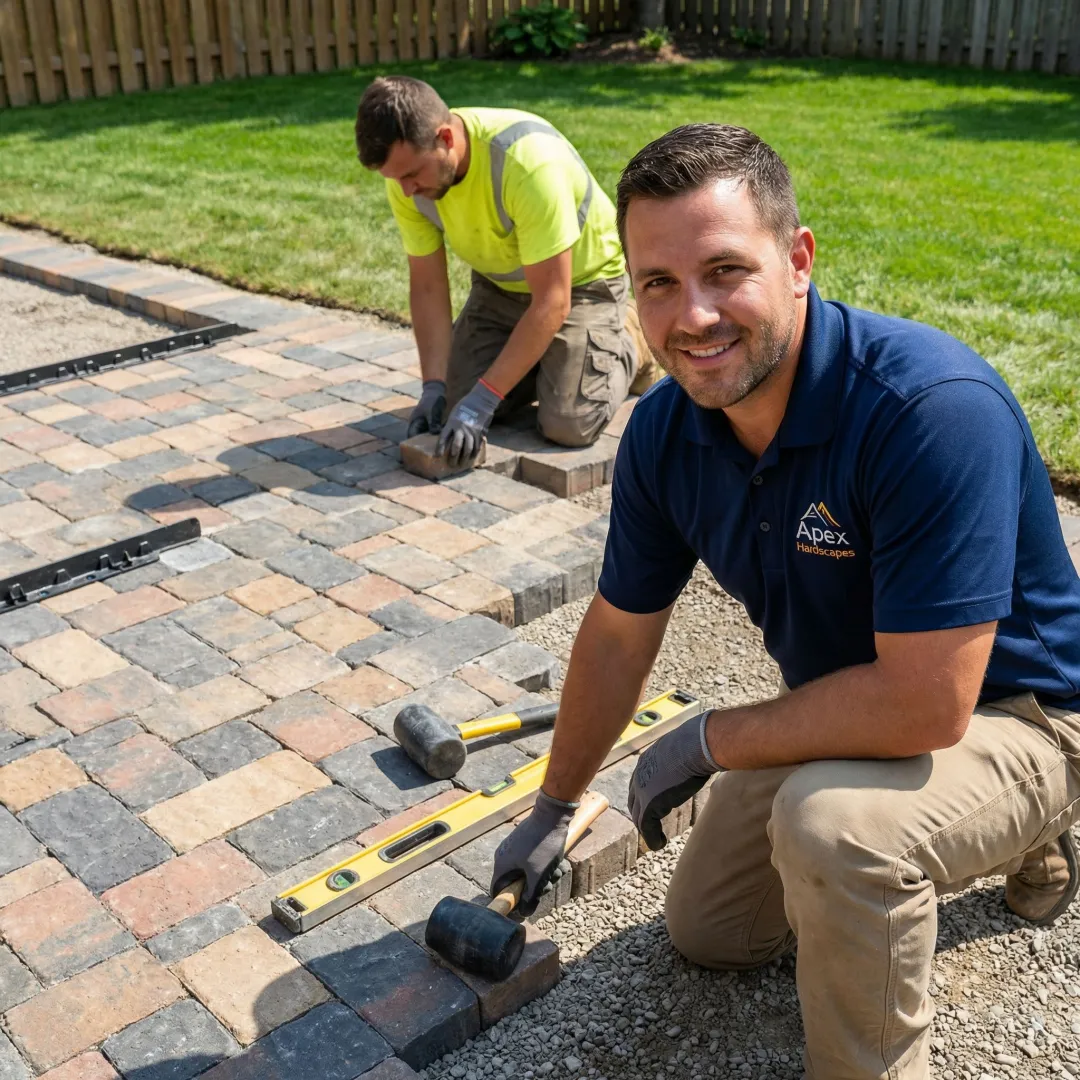 Hardscape installation process showing base preparation and paver laying