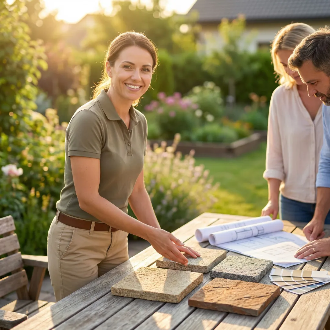 Designer consulting with homeowners on granite stone selection
