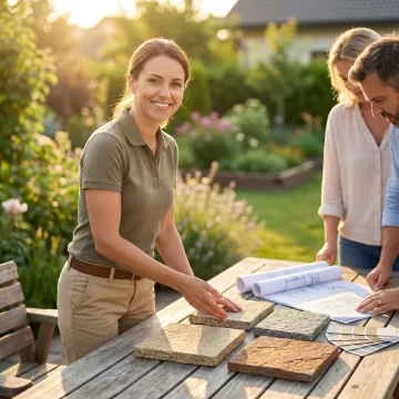 Designer consulting with homeowners on granite stone selection