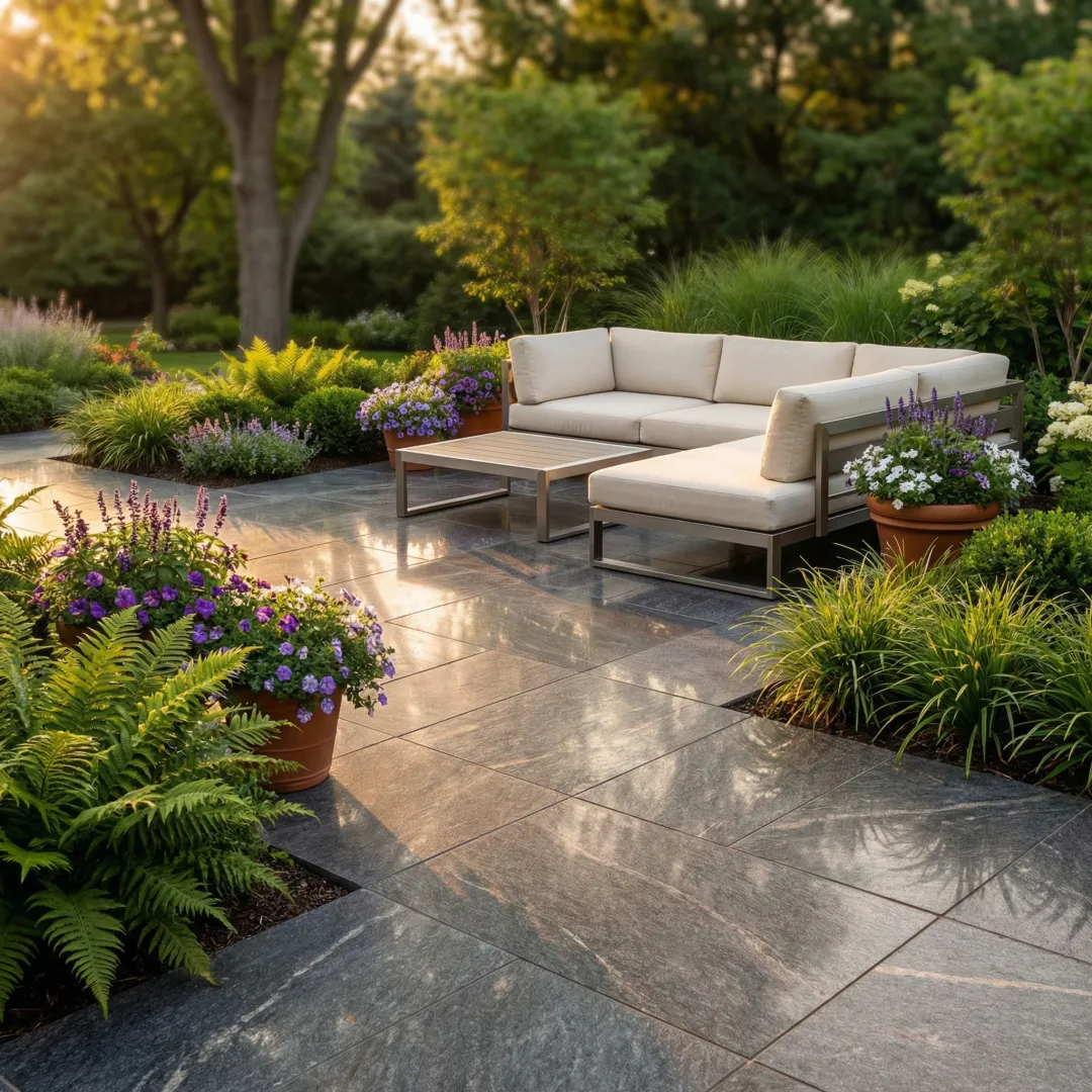 Beautiful granite stone patio installation in outdoor living space