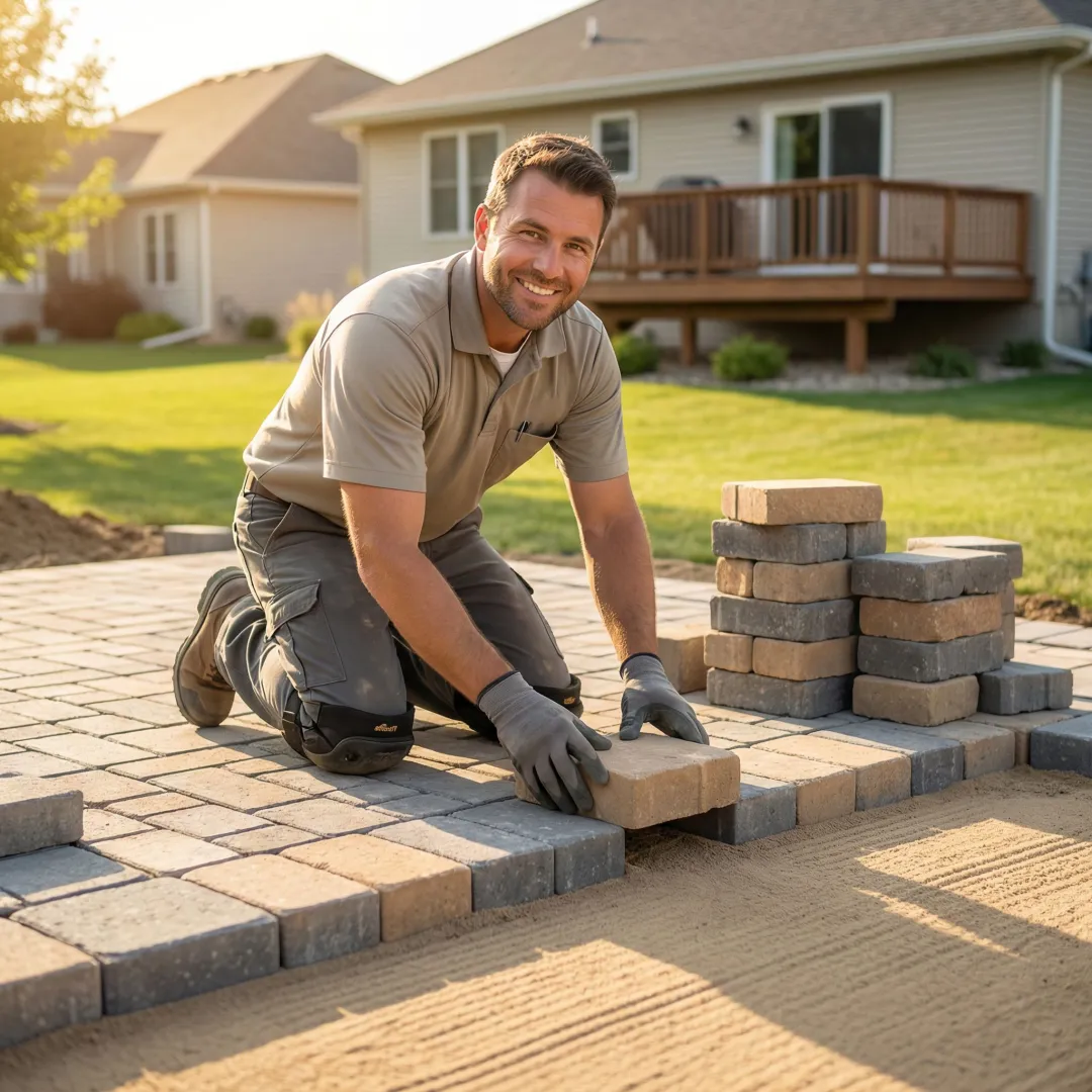 Professional stone patio contractor installing premium pavers