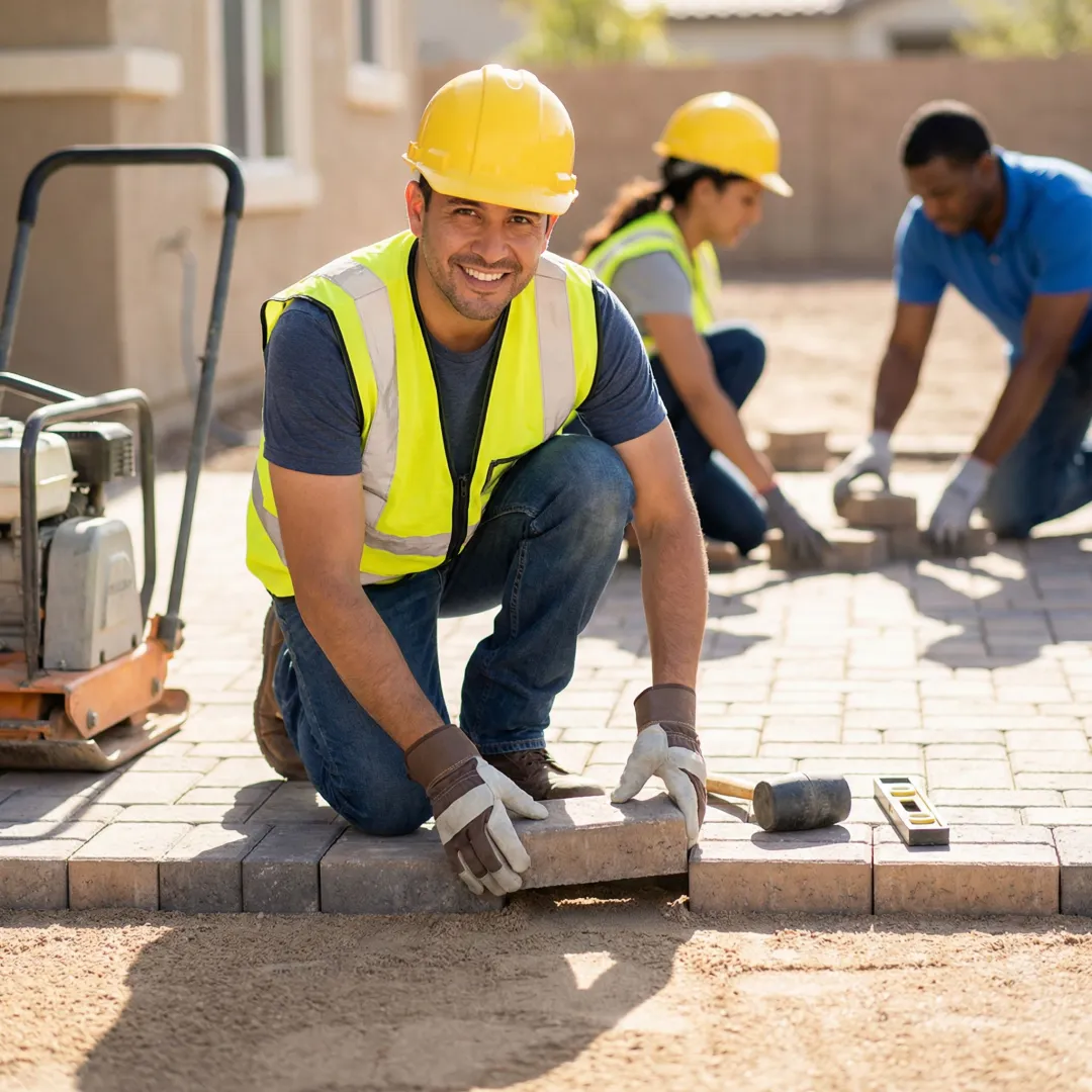 Professional hardscape construction crew installing stone pavers with precision