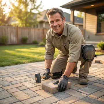 Professional patio contractor installing custom stone pavers