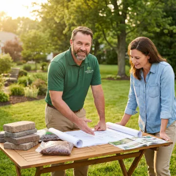 Landscape designer reviewing custom outdoor space plans with homeowner