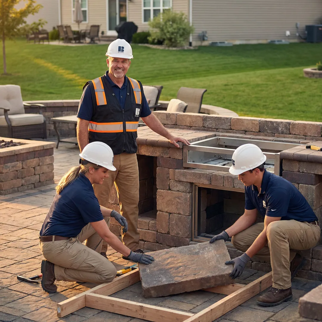Outdoor kitchen construction process showing hardscape foundation and appliance installation