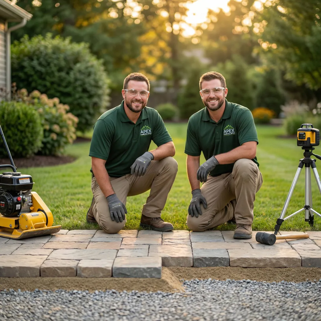 Professional stone patio construction process showing base preparation and paver installation