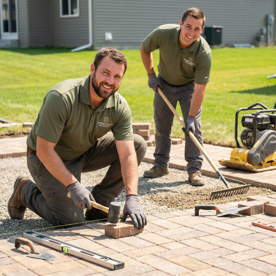 Stone patio installation process showing preparation and paver placement