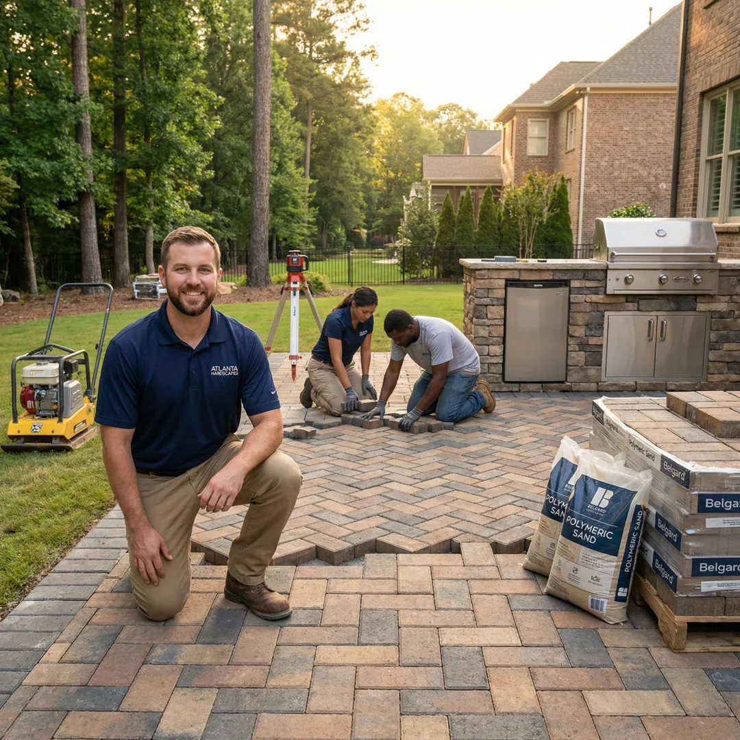 Professional landscape installation team working on outdoor makeover project