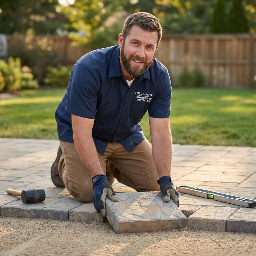 Skilled craftsman installing interlocking paver stones for professional hardscape
