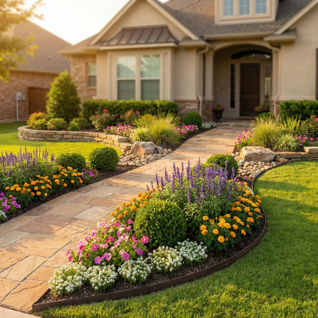 Beautiful landscaped residential property in Marietta with professional hardscaping and lush plantings