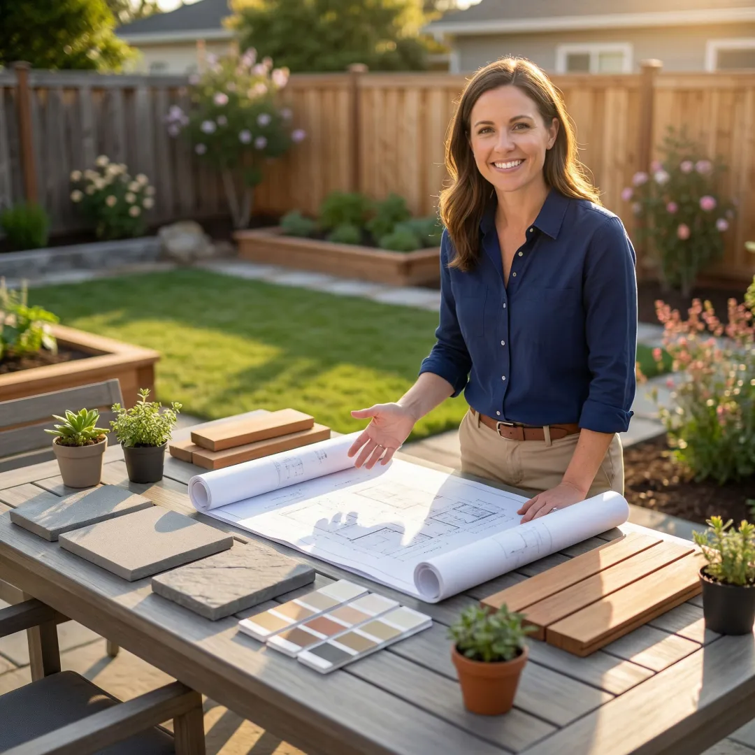 Landscape designer reviewing custom garden renovation plans with homeowner
