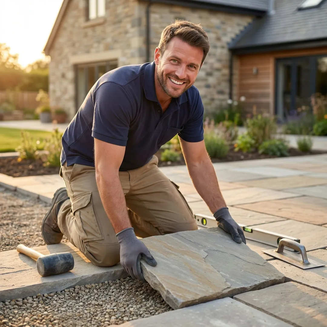 Professional stonework contractor installing custom paver patio