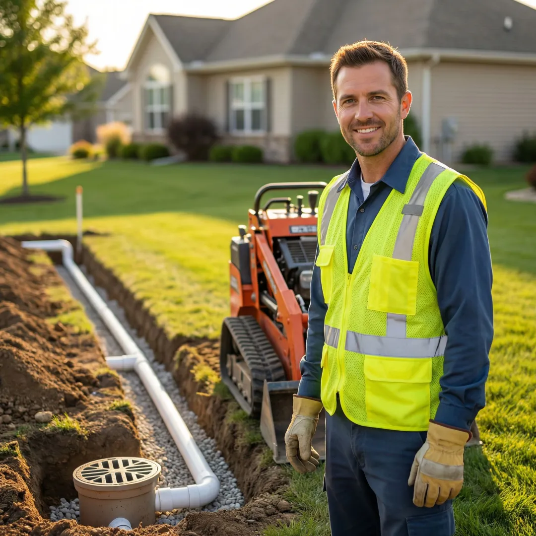 Professional landscape drainage system installation in residential yard