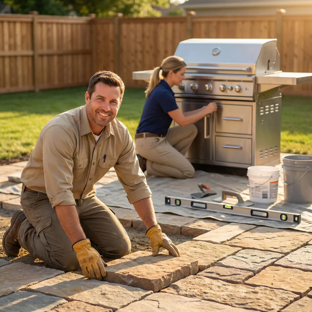 Construction team installing outdoor kitchen stone work and countertops