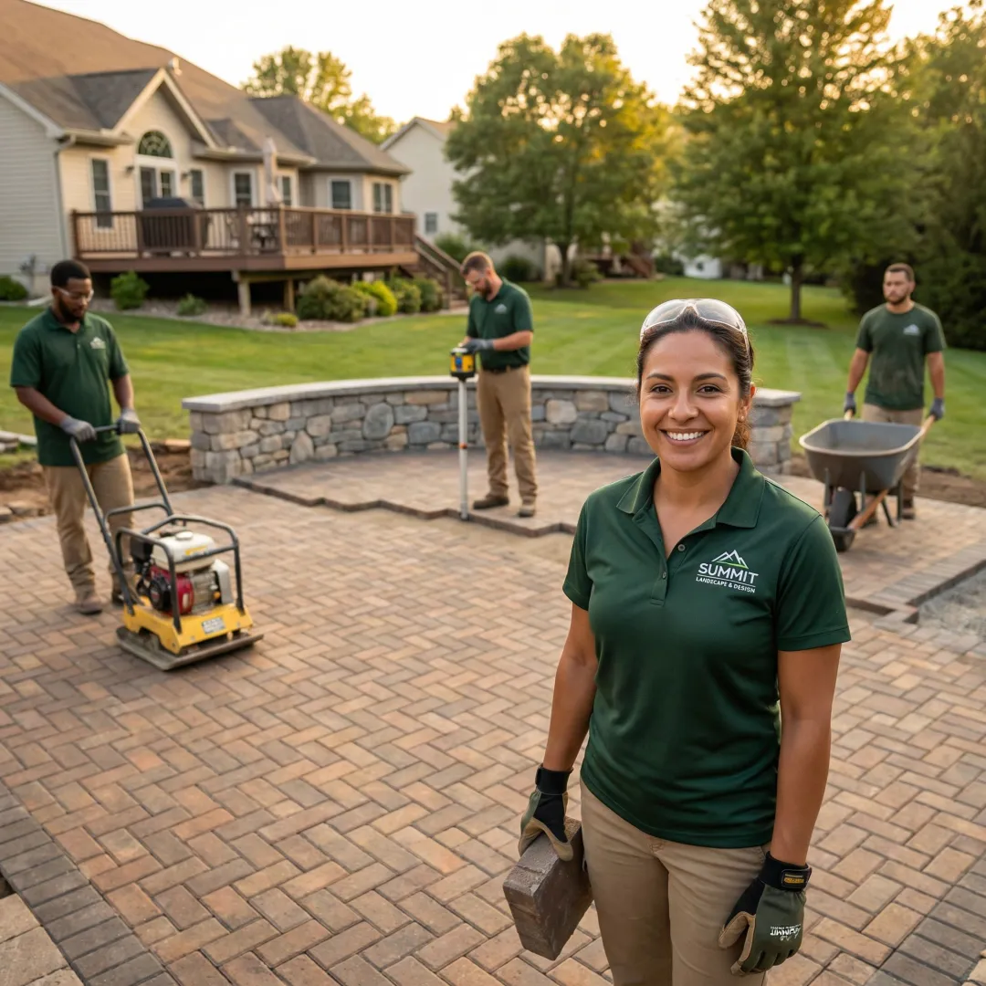 Professional landscape construction team working on outdoor hardscape project