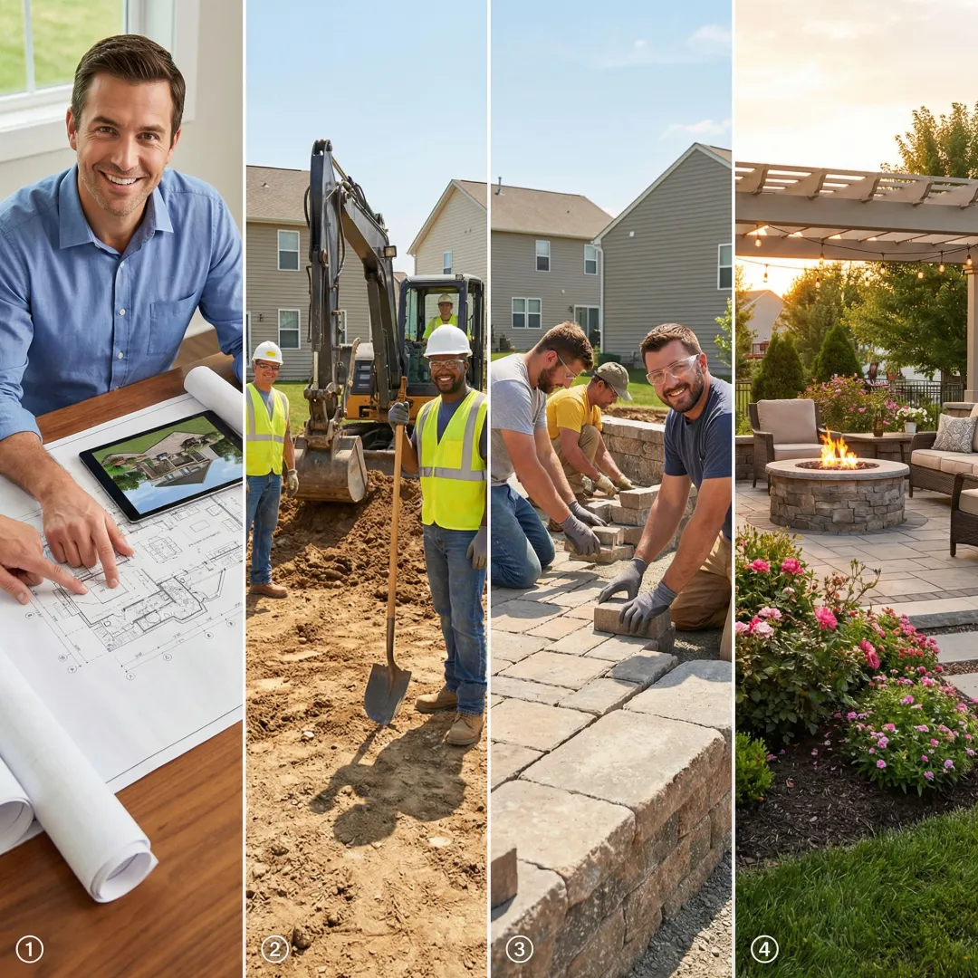 Landscape construction process showing project stages from planning to completion