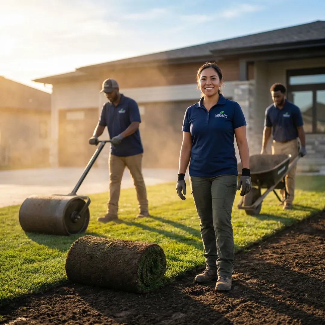 Professional lawn installation team working on residential property with fresh sod