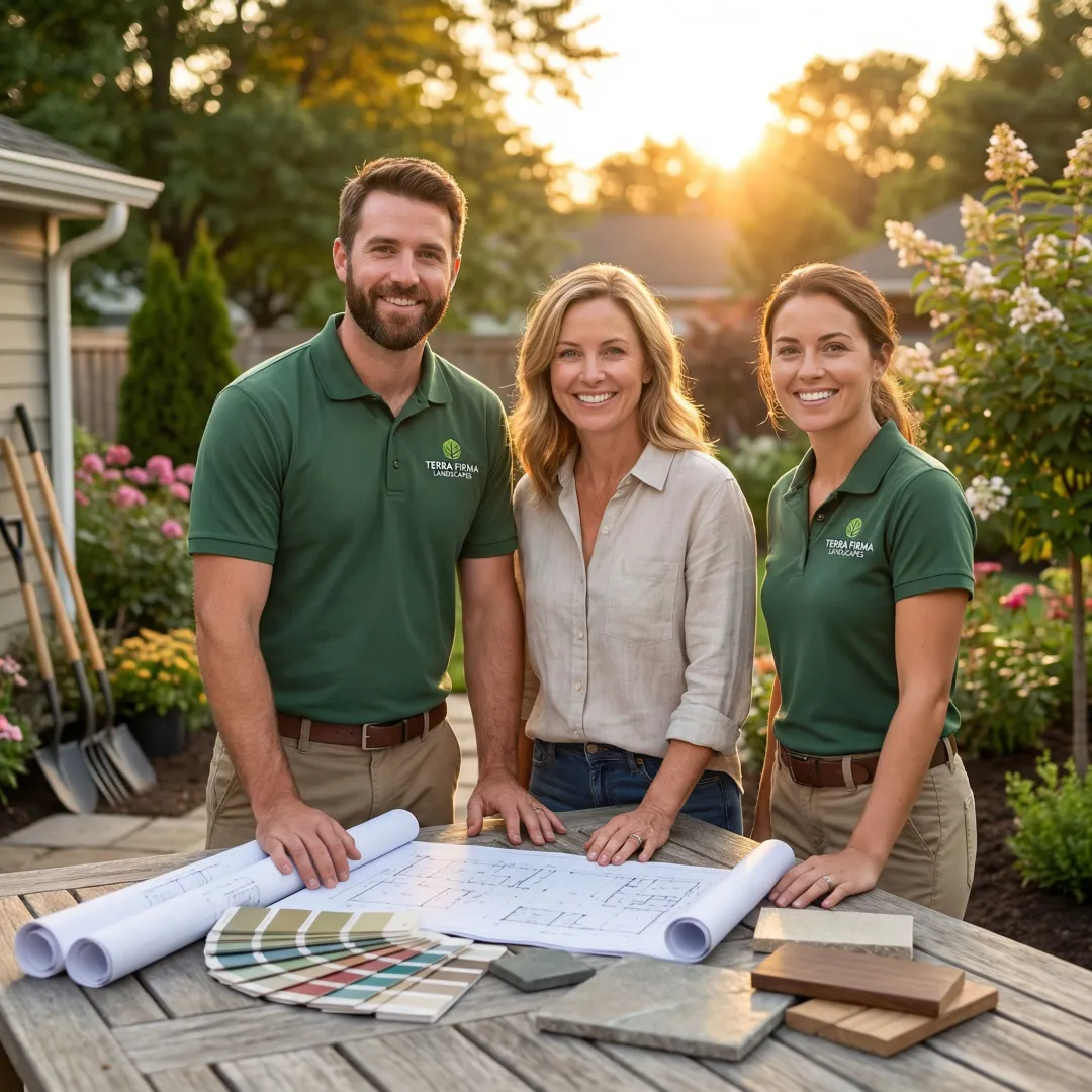 Landscape design team consulting with homeowner in garden setting