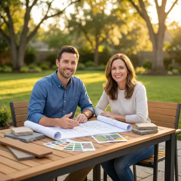 Landscape designer consulting with homeowner about custom garden renovation plans