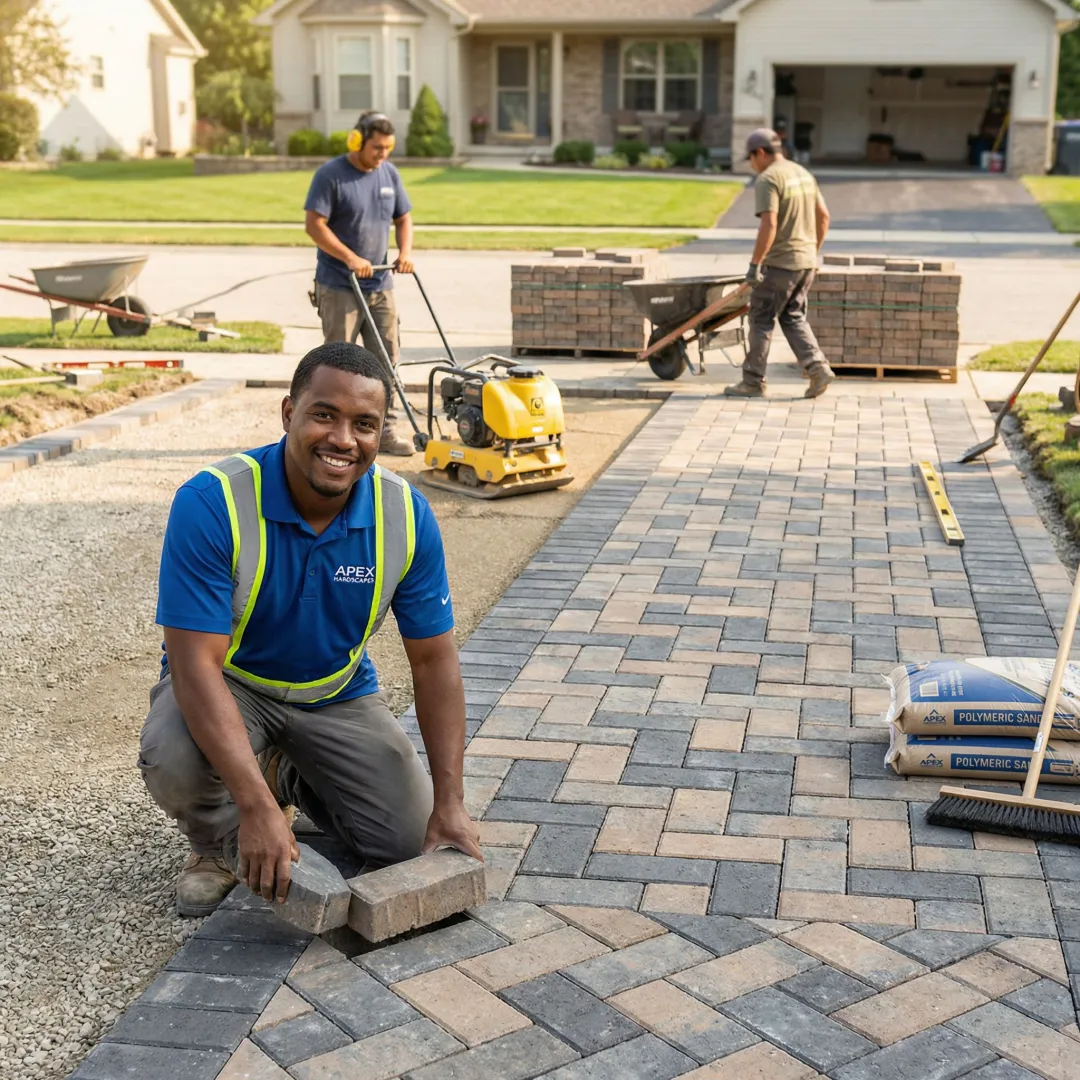 Crew installing stone pavers on prepared driveway base with equipment visible