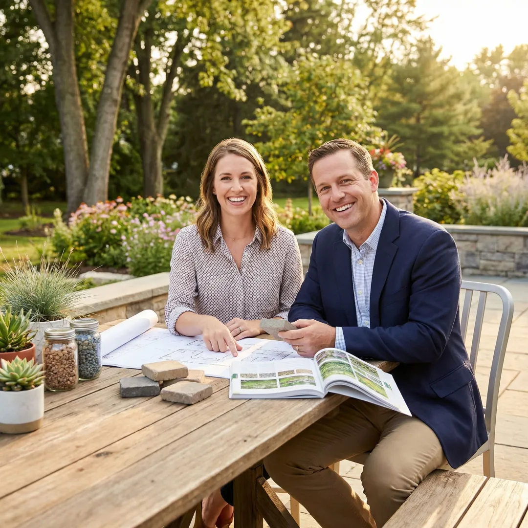 Landscape designer working with homeowner on custom garden renovation plan
