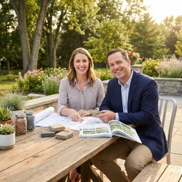 Landscape designer working with homeowner on custom garden renovation plan