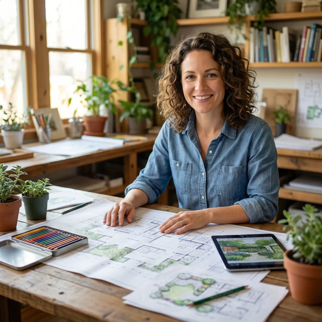 Landscape designer reviewing softscape plans with flowering plants and garden layout drawings